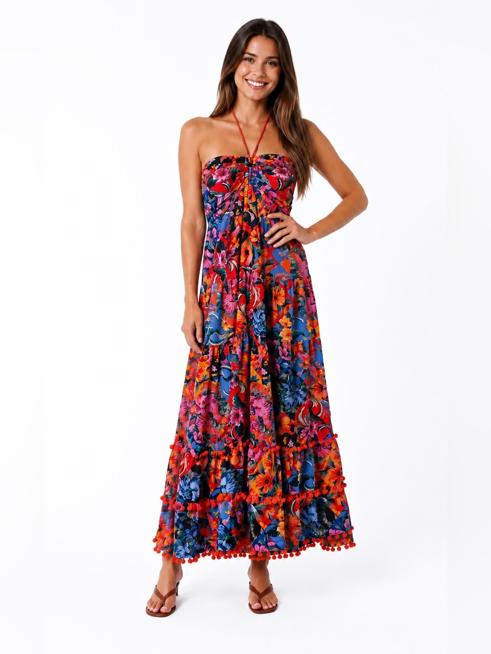 Olivaceous Tropical Floral Halter Maxi Dress Boho Pom Pom Resort Medium